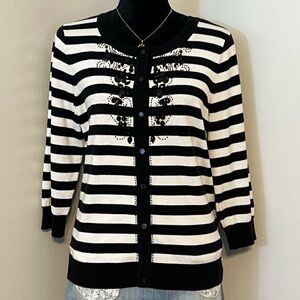 Talbots Classic Cardigan Sweater M P Black White Stripe Embroidered Beaded Prepp